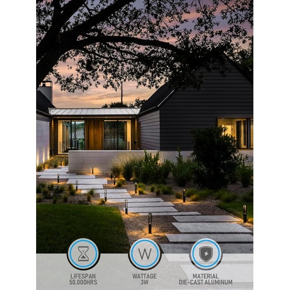 12-Pack Low Voltage Path Lights, 3W LED Landscape Pathway Lights, Outdoor Landscape Lighting for Driveway, Garden, Aluminum, 12-24V AC/DC, ETL Listed, IP65 Waterproof, 3000K Warm White, Black