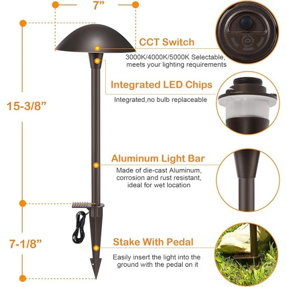 3000K/4000K/5000K Selectable LED Landscape Pathway Light,5W 12V~15V AC/DC Low Voltage Path Lighting,Waterproof,12 Pack