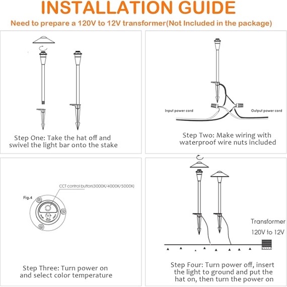 3000K/4000K/5000K Selectable LED Landscape Pathway Light,5W 12V~15V AC/DC Low Voltage Path Lighting,Waterproof,12 Pack