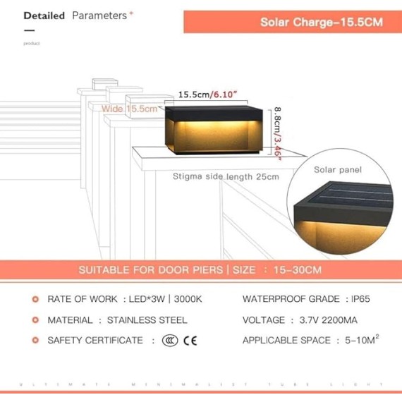 Outdoor Wall Lights Square Solar Modern Post Light Outdoor LED Fence Deck Pillar Lights IP65 Waterproof 3000K Warm Column Cap Lamp for Landscape Yard Garden Pathway Lawn Stigma Lantern Waterproof Pill
