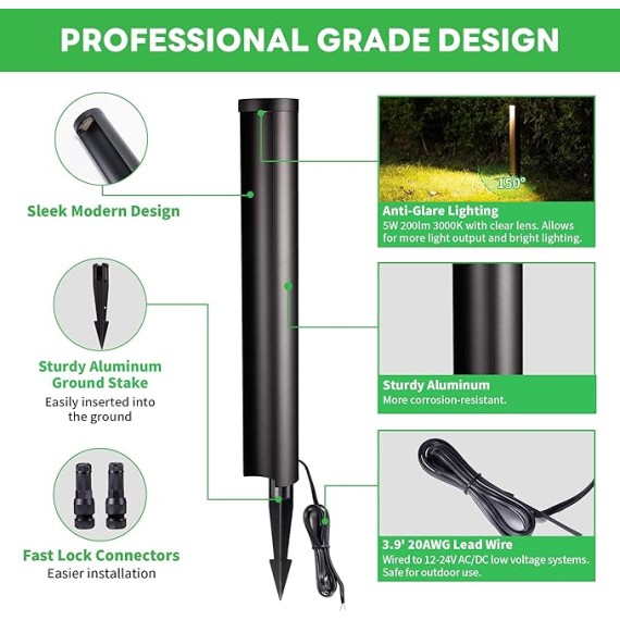 Outdoor Path Lights, LED Landscape Pathway Lights, 12V Low Voltage Wired, Waterproof 5W 200LM Black Aluminum for Backyard Patio 6 Pack