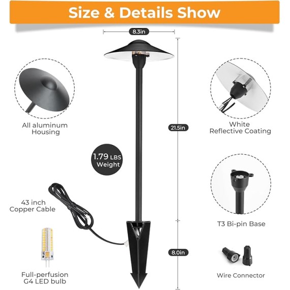 Low Voltage Pathway Lights (8.5'' Shade, 21.5'' Tall)，12V Outdoor LED Landscape Path Lights Wired, Aluminum Pathway Lighting with 3W 2700K Replaceable Bulb for Walkway Garden Yard, 6 Pack