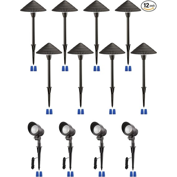 12-Pack Low Voltage Landscape Lighting Kit, 12-24V LED Pathway Lights, Aluminum Outdoor Landscape Spotlight, Yard Light Kit for Walkway, Garden, ETL Listed, CRI90, 3000K Warm White