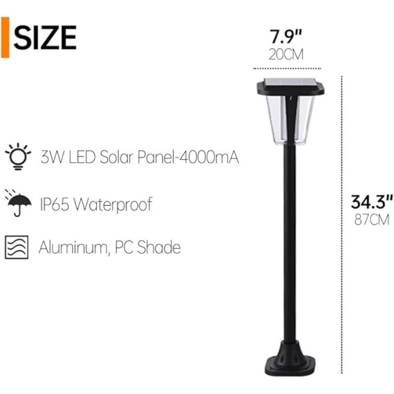 Solar Pathway Light Modern Garden Solar Lantern with Warm Light Outdoor Aluminum Landscape Lighting 34.3" Path Bollard Lantern for Courtyard Driveway Walkway Lights