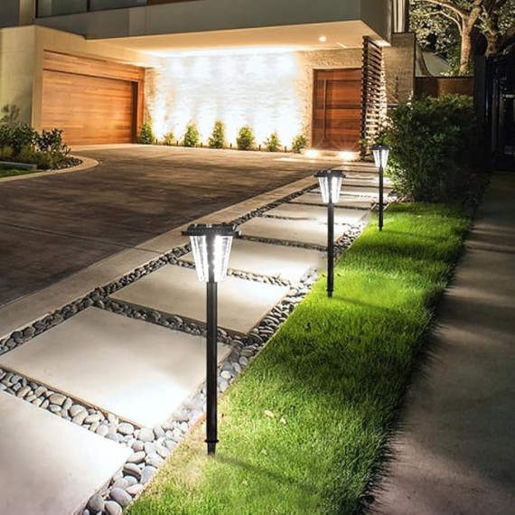 Solar Pathway Light Modern Garden Solar Lantern with Warm Light Outdoor Aluminum Landscape Lighting 34.3" Path Bollard Lantern for Courtyard Driveway Walkway Lights