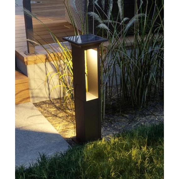Solar Landscape Lighting Modern Square Pathway Lights Aluminum Housing LED Bollard Lighting Fixture Outdoor Black Waterproof Path Light for Garden Walkway Drive Garage Yard