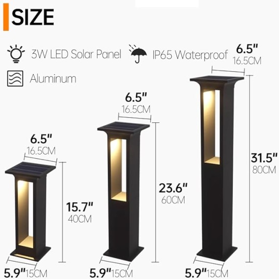Solar Landscape Lighting Modern Square Pathway Lights Aluminum Housing LED Bollard Lighting Fixture Outdoor Black Waterproof Path Light for Garden Walkway Drive Garage Yard