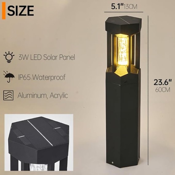 Modern Solar Landscape Lighting Black Aluminum Housing Pathway Light Warm Light Bubble Shade LED Bollard Lighting Solar Garden Lights with IP65 Waterproof for Courtyard Garage Lawn Driveway