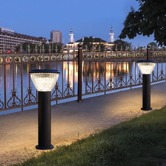 Solar Pathway Lights Outdoor Landscape Path Light PC Bollard Lantern Cylinder Aluminum Housing Path Bollard Lights Black Solar Garden Floor Lamp for Courtyard Front/Back Door Driveway