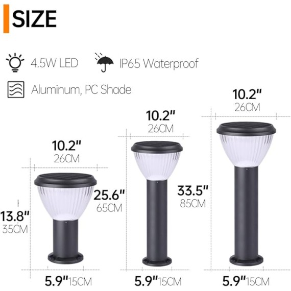 Solar Pathway Lights Outdoor Landscape Path Light PC Bollard Lantern Cylinder Aluminum Housing Path Bollard Lights Black Solar Garden Floor Lamp for Courtyard Front/Back Door Driveway