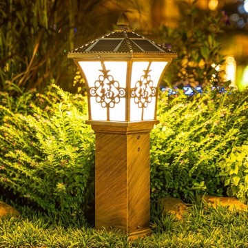 Vintage Solar Landscape Lighting Acrylic Shade Bollard Lighting Aluminum Housing Waterproof Bollard Lantern Outdoor Solar Lawn Light for Garden Garage Yard Patio Porch