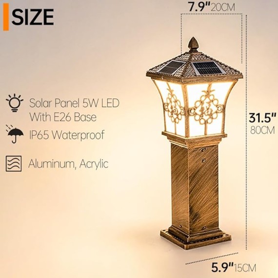 Vintage Solar Landscape Lighting Acrylic Shade Bollard Lighting Aluminum Housing Waterproof Bollard Lantern Outdoor Solar Lawn Light for Garden Garage Yard Patio Porch