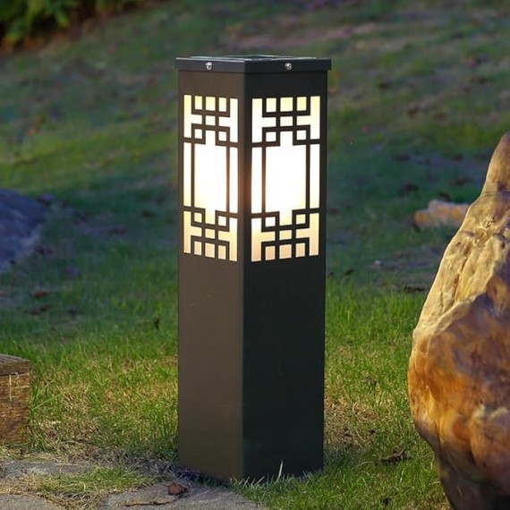 Solar Square Pathway Light Outdoor Waterproof Garden Lights Black External Floor Lamp Stainless Steel Landscape Lighting Rustic Glass Bollard Lantern for Driveway Courtyard Lawn