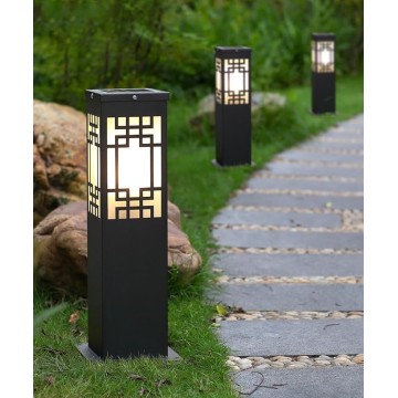 Solar Square Pathway Light Outdoor Waterproof Garden Lights Black External Floor Lamp Stainless Steel Landscape Lighting Rustic Glass Bollard Lantern for Driveway Courtyard Lawn