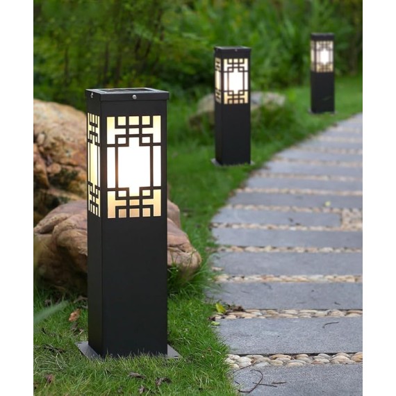 Solar Square Pathway Light Outdoor Waterproof Garden Lights Black External Floor Lamp Stainless Steel Landscape Lighting Rustic Glass Bollard Lantern for Driveway Courtyard Lawn