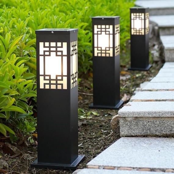 Solar Square Pathway Light Outdoor Waterproof Garden Lights Black External Floor Lamp Stainless Steel Landscape Lighting Rustic Glass Bollard Lantern for Driveway Courtyard Lawn