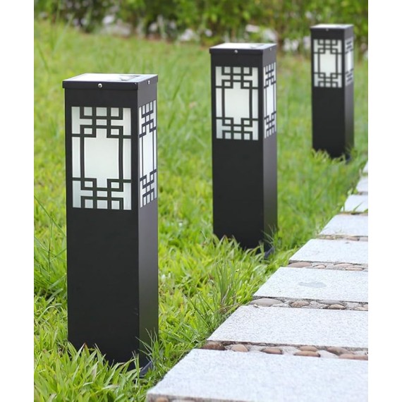 Solar Square Pathway Light Outdoor Waterproof Garden Lights Black External Floor Lamp Stainless Steel Landscape Lighting Rustic Glass Bollard Lantern for Driveway Courtyard Lawn