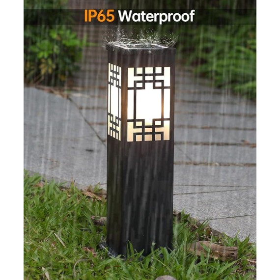 Solar Square Pathway Light Outdoor Waterproof Garden Lights Black External Floor Lamp Stainless Steel Landscape Lighting Rustic Glass Bollard Lantern for Driveway Courtyard Lawn