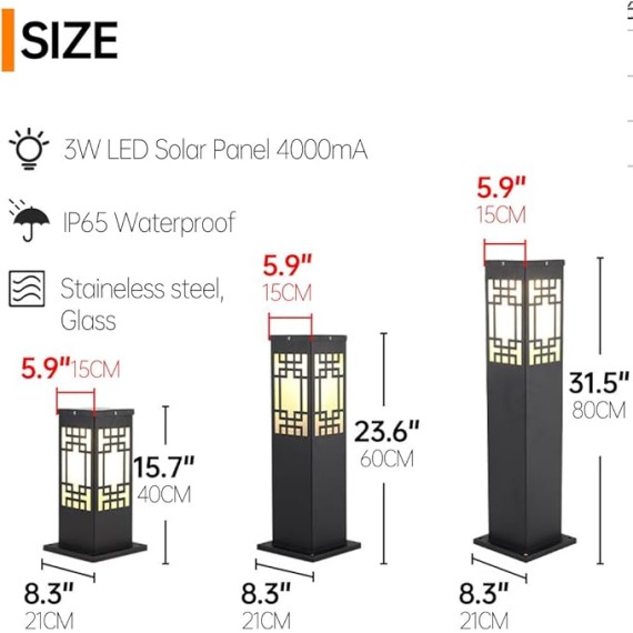 Solar Square Pathway Light Outdoor Waterproof Garden Lights Black External Floor Lamp Stainless Steel Landscape Lighting Rustic Glass Bollard Lantern for Driveway Courtyard Lawn