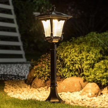 Vintage Solar Pathway Light Brown Aluminum Landscape Path Light Solar Glass Bollard Lantern IP65 Waterproof Outdoor Floor Lamp for Lawn Courtyard Garage Driveway Porch