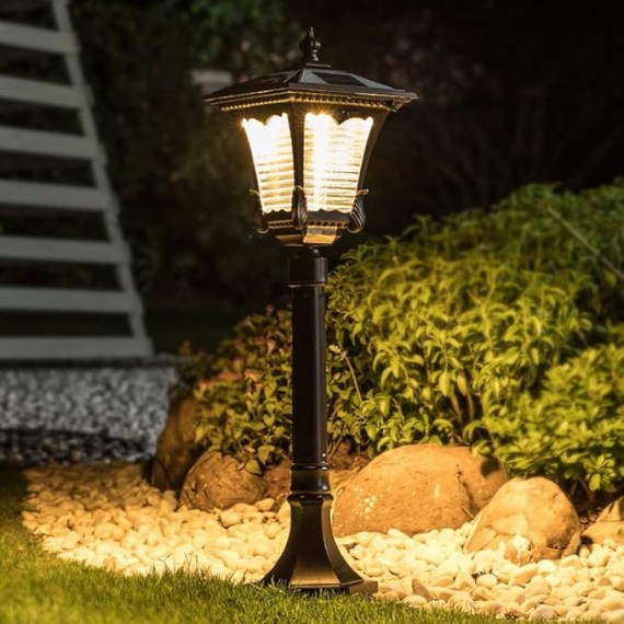 Vintage Solar Pathway Light Brown Aluminum Landscape Path Light Solar Glass Bollard Lantern IP65 Waterproof Outdoor Floor Lamp for Lawn Courtyard Garage Driveway Porch
