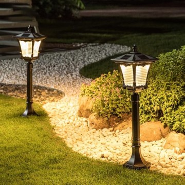 Vintage Solar Pathway Light Brown Aluminum Landscape Path Light Solar Glass Bollard Lantern IP65 Waterproof Outdoor Floor Lamp for Lawn Courtyard Garage Driveway Porch