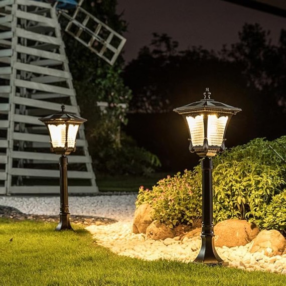 Vintage Solar Pathway Light Brown Aluminum Landscape Path Light Solar Glass Bollard Lantern IP65 Waterproof Outdoor Floor Lamp for Lawn Courtyard Garage Driveway Porch