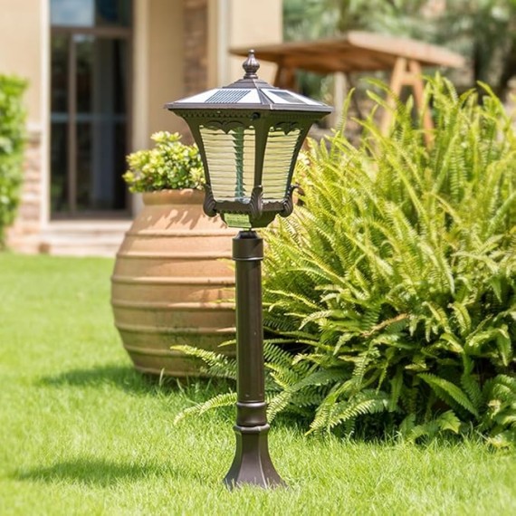 Vintage Solar Pathway Light Brown Aluminum Landscape Path Light Solar Glass Bollard Lantern IP65 Waterproof Outdoor Floor Lamp for Lawn Courtyard Garage Driveway Porch