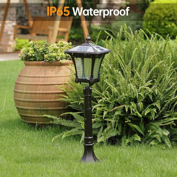 Vintage Solar Pathway Light Brown Aluminum Landscape Path Light Solar Glass Bollard Lantern IP65 Waterproof Outdoor Floor Lamp for Lawn Courtyard Garage Driveway Porch
