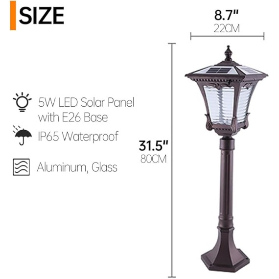 Vintage Solar Pathway Light Brown Aluminum Landscape Path Light Solar Glass Bollard Lantern IP65 Waterproof Outdoor Floor Lamp for Lawn Courtyard Garage Driveway Porch