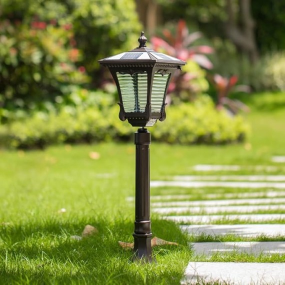 Vintage Solar Pathway Light Brown Aluminum Landscape Path Light Solar Glass Bollard Lantern IP65 Waterproof Outdoor Floor Lamp for Lawn Courtyard Garage Driveway Porch
