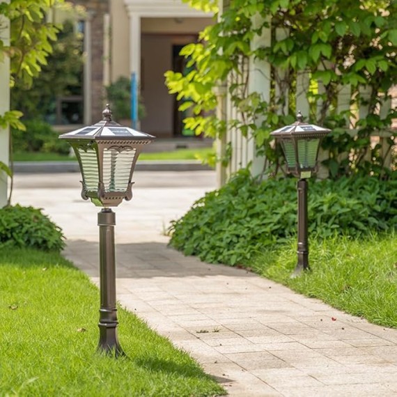 Vintage Solar Pathway Light Brown Aluminum Landscape Path Light Solar Glass Bollard Lantern IP65 Waterproof Outdoor Floor Lamp for Lawn Courtyard Garage Driveway Porch