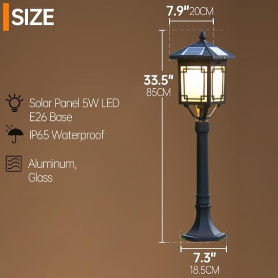 Solar Path Light Outdoor Landscape Bollard Lighting with IP65 Waterproof External LED Garden Floor Lamp 33.5" Square Pathway Light for Lawn Driveway Yard Porch Patio Decoration