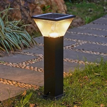 Solar Landscape Lighting Square LED Bollard Lantern Die-cast Aluminum Path Light Outdoor Garden Lights Modern Black Bollard Light with IP65 Waterproof for Garden Yard Walkway