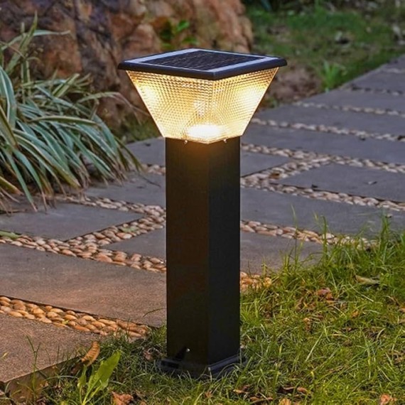 Solar Landscape Lighting Square LED Bollard Lantern Die-cast Aluminum Path Light Outdoor Garden Lights Modern Black Bollard Light with IP65 Waterproof for Garden Yard Walkway
