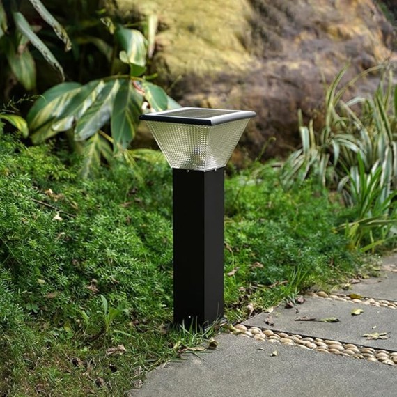 Solar Landscape Lighting Square LED Bollard Lantern Die-cast Aluminum Path Light Outdoor Garden Lights Modern Black Bollard Light with IP65 Waterproof for Garden Yard Walkway