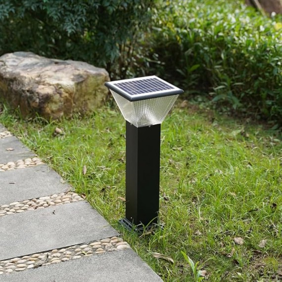 Solar Landscape Lighting Square LED Bollard Lantern Die-cast Aluminum Path Light Outdoor Garden Lights Modern Black Bollard Light with IP65 Waterproof for Garden Yard Walkway