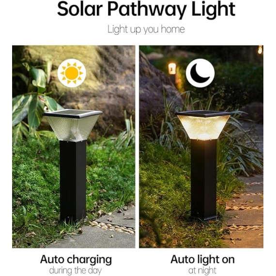 Solar Landscape Lighting Square LED Bollard Lantern Die-cast Aluminum Path Light Outdoor Garden Lights Modern Black Bollard Light with IP65 Waterproof for Garden Yard Walkway