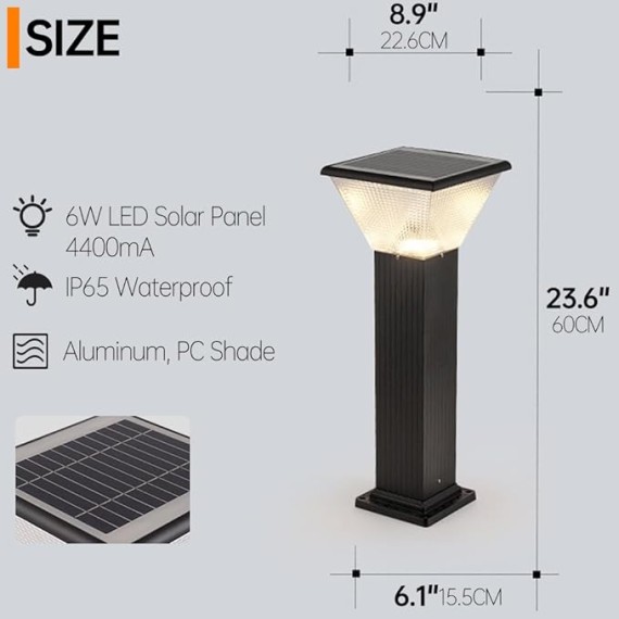 Solar Landscape Lighting Square LED Bollard Lantern Die-cast Aluminum Path Light Outdoor Garden Lights Modern Black Bollard Light with IP65 Waterproof for Garden Yard Walkway