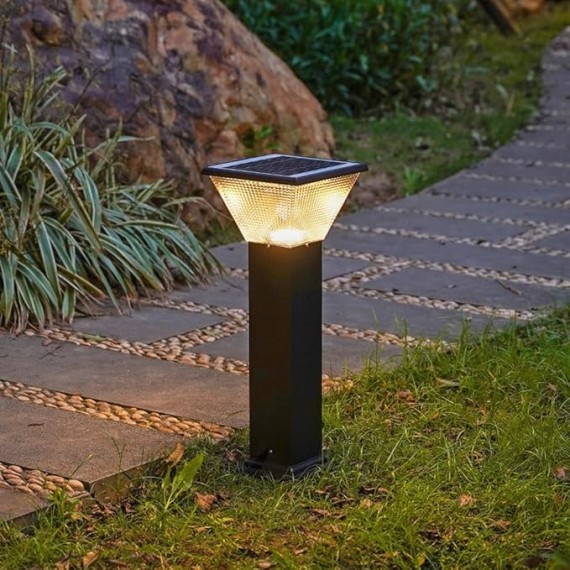 Solar Landscape Lighting Square LED Bollard Lantern Die-cast Aluminum Path Light Outdoor Garden Lights Modern Black Bollard Light with IP65 Waterproof for Garden Yard Walkway
