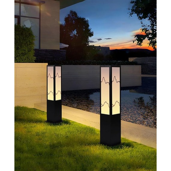 23.6" Solar Path Light Modern Landscape Lighting Square Iron Bollard Lights Outdoor Waterproof Solar Lamp with Warm Light 3000K for Yard Garden Driveway Walkway Decor
