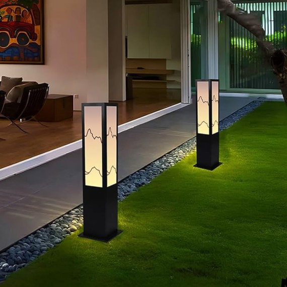 23.6" Solar Path Light Modern Landscape Lighting Square Iron Bollard Lights Outdoor Waterproof Solar Lamp with Warm Light 3000K for Yard Garden Driveway Walkway Decor