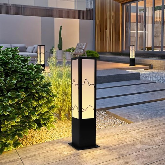 23.6" Solar Path Light Modern Landscape Lighting Square Iron Bollard Lights Outdoor Waterproof Solar Lamp with Warm Light 3000K for Yard Garden Driveway Walkway Decor