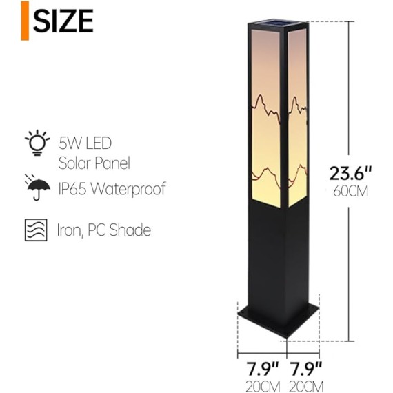 23.6" Solar Path Light Modern Landscape Lighting Square Iron Bollard Lights Outdoor Waterproof Solar Lamp with Warm Light 3000K for Yard Garden Driveway Walkway Decor